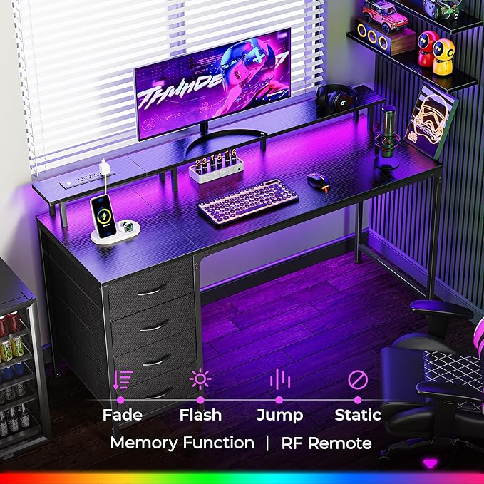 55 Inch Computer Desk with Power Outlets and LED Lights, Gaming Desk with 4 Drawers, Office Desk with Monitor Stand, Study Desk Work Desk for Home Office, Black - LeafyLoom