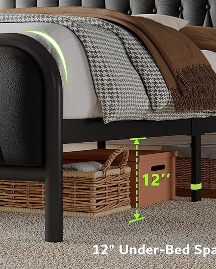 Feonase Full Bed Frame with Type-C & USB Port, Metal Platform Beds, with Faux Leather Upholstered Headboard & Footboard, 12" Underbed Storage Space, Easy Assembly, Noise-Free, Black - LeafyLoom