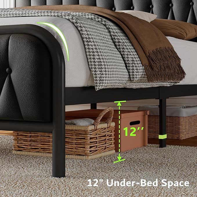 Feonase Full Bed Frame with Type-C & USB Port, Metal Platform Beds, with Faux Leather Upholstered Headboard & Footboard, 12" Underbed Storage Space, Easy Assembly, Noise-Free, Black - LeafyLoom