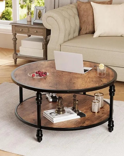 GAOMON Round Coffee Table Living Room 34.25in Rustic Circle Center Table with Storage Shelf 2-Tier Modern Wood Coffee Table, Easy Assembly(Brown) - LeafyLoom