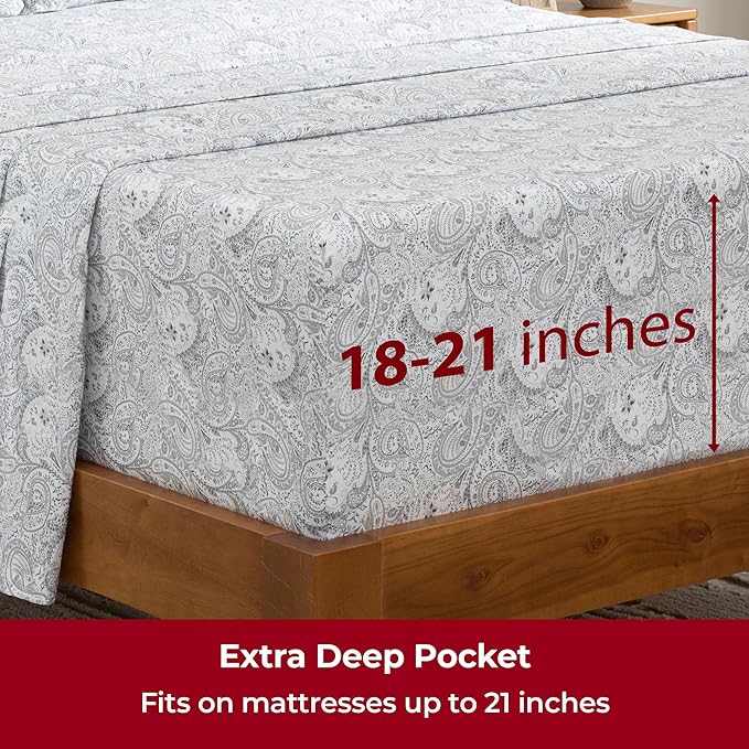 Mellanni Extra Deep Queen Sheets - 4 PC Iconic Collection Bedding Sheets & Pillowcases - Hotel Luxury, Ultra Soft, Cooling Bed Sheets - Extra Deep Pocket up to 21 inch (Queen, Paisley Gray) - LeafyLoom