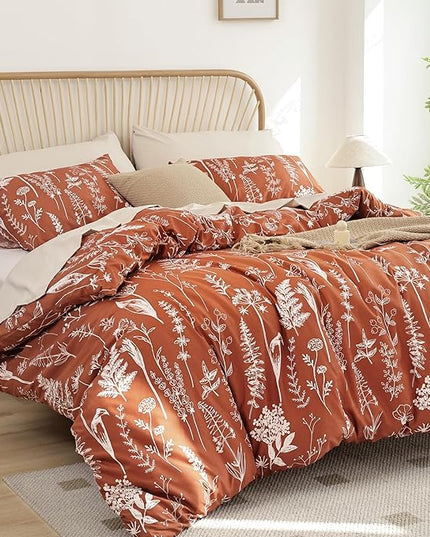 JANZAA 3PCS King Comforter Terracotta Comforter Set Floral Comforter Set White Flower Printed Bedding Set with 2 Pillow Cases for All Season Using - LeafyLoom