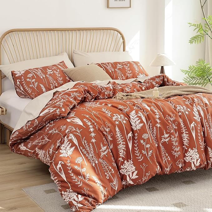 JANZAA 3PCS King Comforter Terracotta Comforter Set Floral Comforter Set White Flower Printed Bedding Set with 2 Pillow Cases for All Season Using - LeafyLoom
