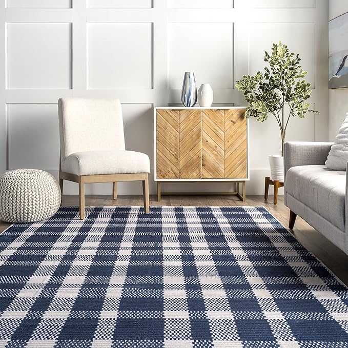 nuLOOM Rianne Machine Washable Plaid Farmhouse Ultra Thin Area Rug, 8' x 10', Blue - LeafyLoom
