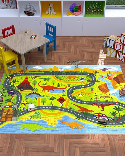 KC Cubs Playtime Collection Dinosaur Dino Safari Road Map Educational Learning & Game Area Rug Carpet for Kids and Children Bedrooms and Playroom (3'3" x 4'7") - LeafyLoom