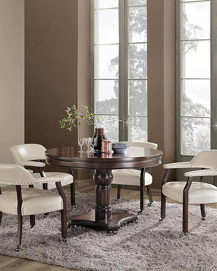 Large Dining Chairs with Casters and Arms, Rolling Dining Chairs with Wheels, Accent Solid Wood Boss Caption's Chairs, 26" D x 25.2" W x 31.5" H, Espresso Legs & Ivory PU SY-318-WT - LeafyLoom