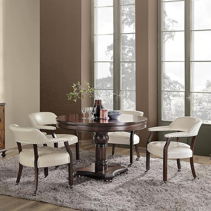 Large Dining Chairs with Casters and Arms, Rolling Dining Chairs with Wheels, Accent Solid Wood Boss Caption's Chairs, 26" D x 25.2" W x 31.5" H, Espresso Legs & Ivory PU SY-318-WT - LeafyLoom
