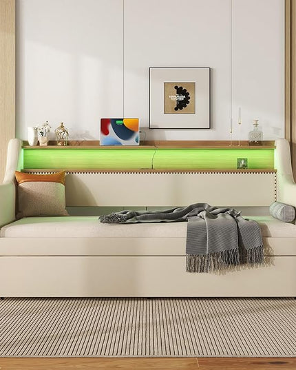 Twin Size Daybed with Trundle, Upholstered Day Bed Frame with Charging Station and LED Lights, PU Leather Sofa Beds w/Headboard & Wood Slat Support for Bedroom, Living Room, Beige - LeafyLoom