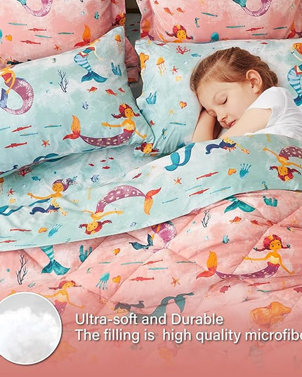 Twin Size Mermaid Kids Bedding Set for Girls, 7 Pieces Super Soft Lightweight Microfiber Comforter Set with Sheets, Bed in a Bag, Durable Children Bed Set - LeafyLoom
