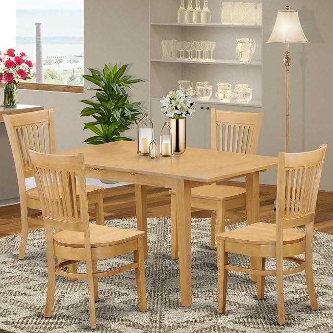 East West Furniture Norfolk 5 Piece Room Set Includes a Rectangle Wooden Table with Butterfly Leaf and 4 Kitchen Dining Chairs, 32x54 Inch, Oak - LeafyLoom
