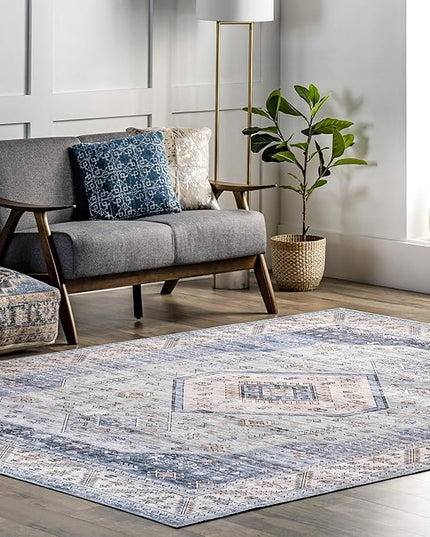 nuLOOM Elowyn Machine Washable Medallion Ultra Thin Area Rug, 4' x 6', Blue - LeafyLoom