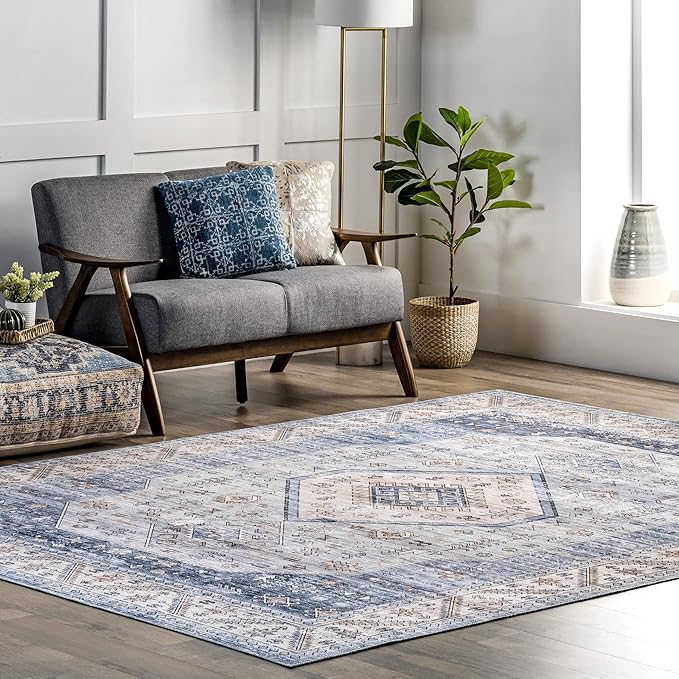 nuLOOM Elowyn Machine Washable Medallion Ultra Thin Area Rug, 4' x 6', Blue - LeafyLoom