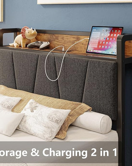 LIKIMIO Twin XL Bed Frames, Storage Headboard with Charging Station, Solid and Stable, Noise Free, No Box Spring Needed, Easy Assembly - LeafyLoom