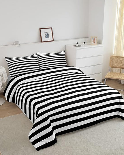 Striped Comforter Set Black and White Stripe Bedding Set Full Kids Boys Girls Women Men Farmhouse Ticking Stripes Duvet Set Horizontal Stripes Adults Abstract Gothic Home Decor Soft Reversible - LeafyLoom