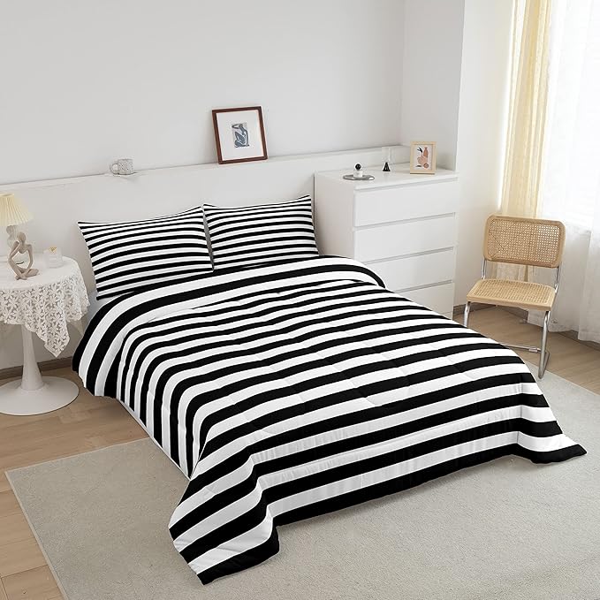 Striped Comforter Set Black and White Stripe Bedding Set Full Kids Boys Girls Women Men Farmhouse Ticking Stripes Duvet Set Horizontal Stripes Adults Abstract Gothic Home Decor Soft Reversible - LeafyLoom