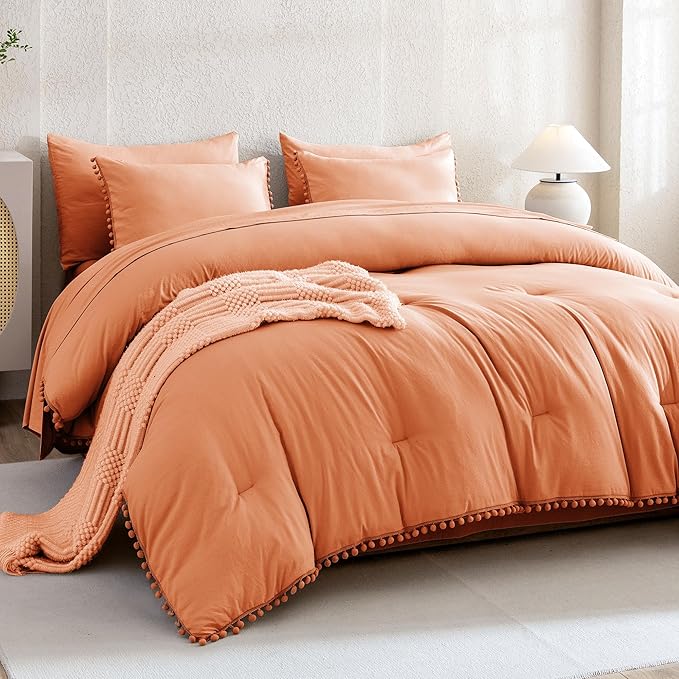 Litanika Comforter Full Size Set Coral,3 Pieces Coral Boho Pom Pom Lightweight Bed Comforter Full,All Season Soft Solid Color Bedding Comforter Sets (1 Comforter 79x90 Inch, 2 Pillowcases) - LeafyLoom