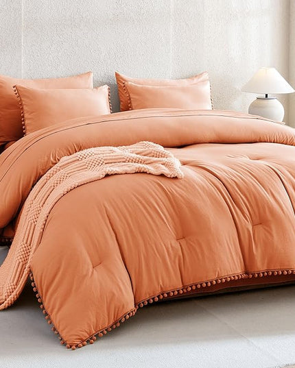 Litanika Queen Size Comforter Set Coral,3 Pieces Coral Boho Pom Pom Lightweight Bed Comforter, All Season Soft Solid Color Bedding Comforter Sets (1 Comforter 90x90 Inch, 2 Pillowcases) - LeafyLoom