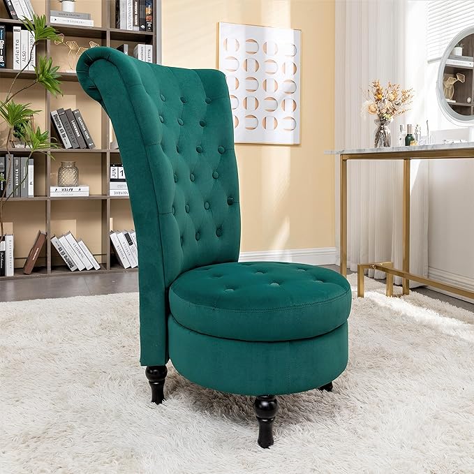 Royal High-Back Velvet Accent Chair for Vanity with Storage and Luxurious Upholstery, Retro Design and Versatile Usage for Living Room, Bedroom, Lounge and Office, Green - LeafyLoom