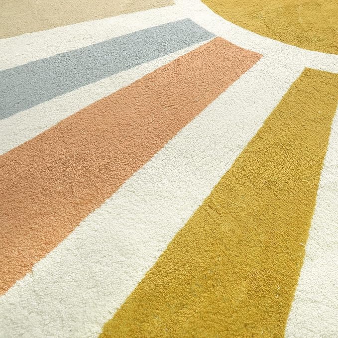 Boho Washable Rug 5 Ft Round Area Rug for Bedroom, Rainbow Circle Kids Rug for Office, Non-Slip Circluar Carpet Soft Sunshine Rug for Dorm Nursery Sofa Living Room Corner - LeafyLoom