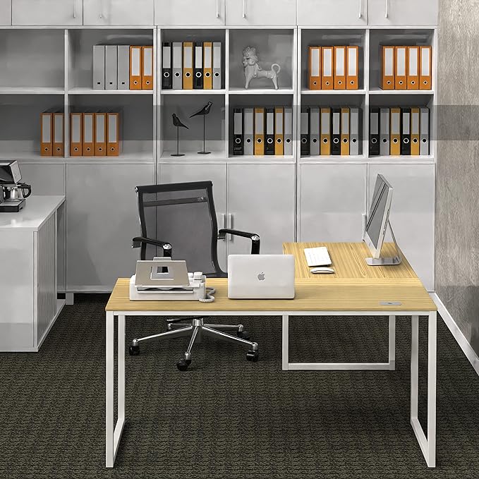 SHW Home Office 55-Inch Large L Shaped Corner Desk, 24" Deep, Oak - LeafyLoom