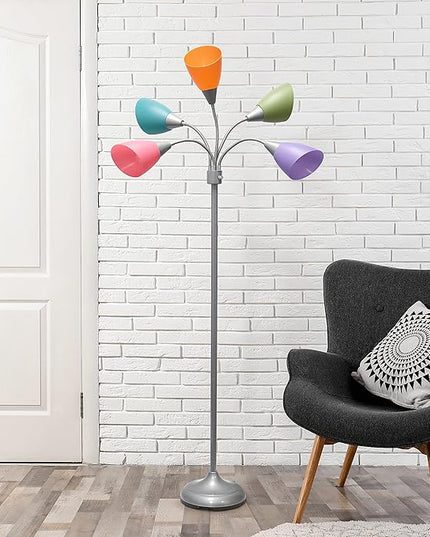 Simple Designs LF2006-SLM 67" Contemporary Multi Head Medusa 5 Light Adjustable Gooseneck Silver Floor Lamp with Fun Light Multicolored Shades for Kids Bedroom Playroom Living Room Office - LeafyLoom