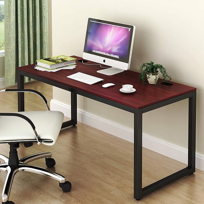 SHW Home Office 55-Inch Large Computer Desk, 24" Deep, Black/Cherry - LeafyLoom