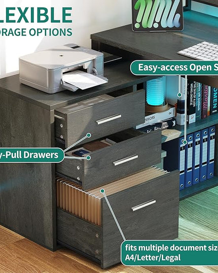 YITAHOME L Shaped Desk with Power Outlets & LED Lights & File Cabinet, 55" Corner Computer Desk with 3 Drawers and 2 Storage Shelves, Home Office Desk with Monitor Stand, Grey - LeafyLoom