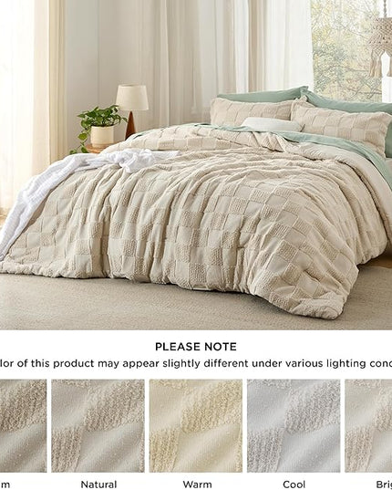Bedsure Queen Size Comforter Set Beige, Boho Tufted Bedding Comforter Set, Checkered Farmhouse Shabby Chic Bed Set, 3 Pieces, 1 Plaid Geometric Comforter and 2 Pillow Shams - LeafyLoom