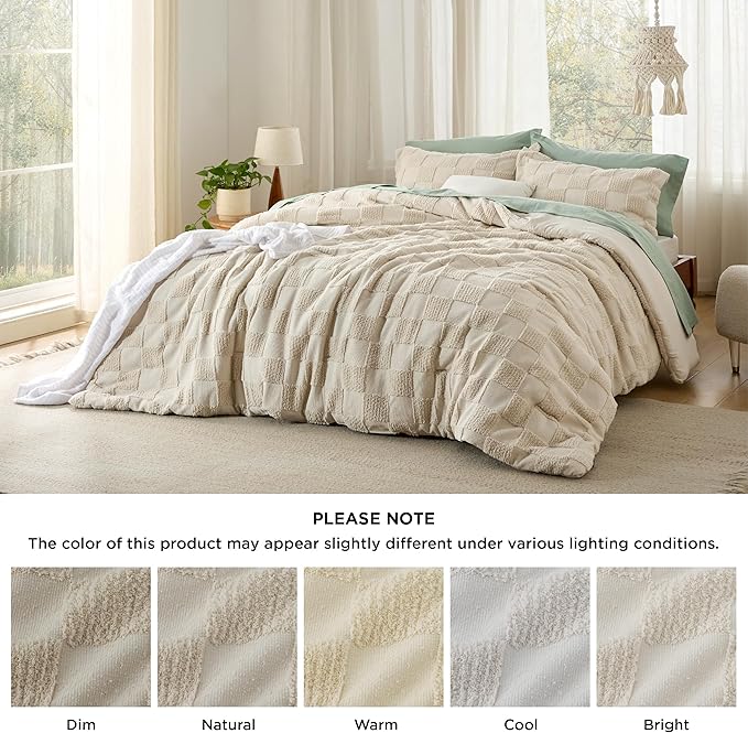 Bedsure Queen Size Comforter Set Beige, Boho Tufted Bedding Comforter Set, Checkered Farmhouse Shabby Chic Bed Set, 3 Pieces, 1 Plaid Geometric Comforter and 2 Pillow Shams - LeafyLoom
