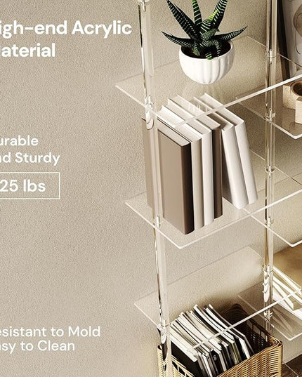 Acrylic Bookshelf, Wall Mounted, 4-Tier Clear Ladder Bookshelf with 11 Open Shelves, Multipurpose Bookcase for Living Room, Bathroom, Office, Modern, 9.5" D x 43.5" W x 59.4" H - LeafyLoom