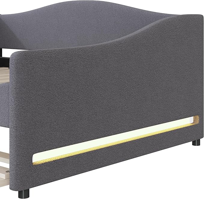 Teddy Fleece Full Size Upholstered Daybed with LED Light and Trundle,Modern Wood Platform Bed W/Side Stripes,Easy Assembly,for Bedroom,Living Room,Guestroom,Gray - LeafyLoom