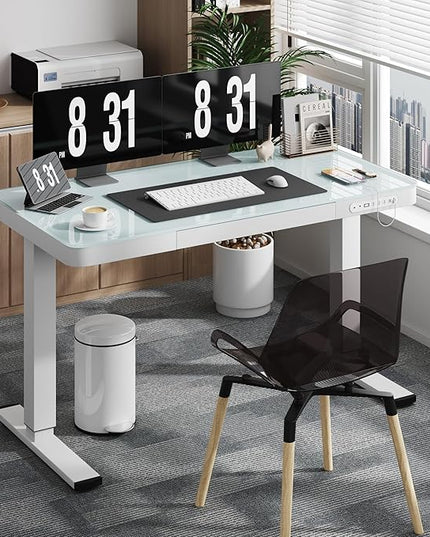Electric Standing Desk with Drawer, 48 x 24 inches with Preassembled Top & USB Charging Ports, Height Adjustable for Home & Office, White Glass - LeafyLoom