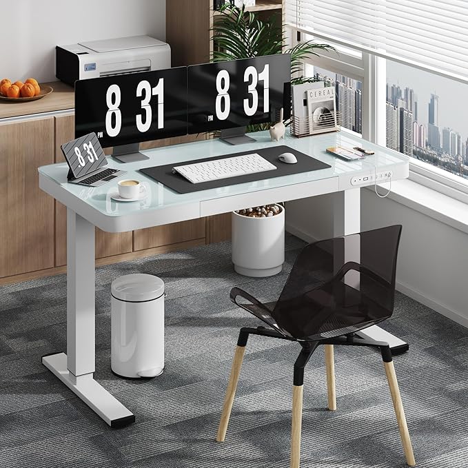 Electric Standing Desk with Drawer, 48 x 24 inches with Preassembled Top & USB Charging Ports, Height Adjustable for Home & Office, White Glass - LeafyLoom