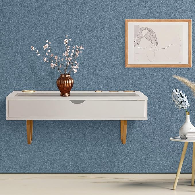 ALIMORDEN Floating Shelf with Drawer,Floating Drawer for Bathroom, White Wall Mounted Desk,Pull Out Drawer, 31 inch Surface, Floating Wall Desk, Hanging Desk, White - LeafyLoom