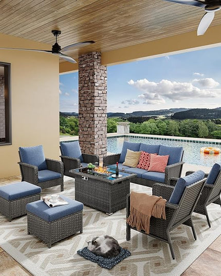 Yechen Patio Conversation Set 9 Seats with 44" Propane Gas Fire Pit Table - 8 Pcs Outdoor Wicker Furniture Set with Lid & Wind Shields - Sectional Sofa Set for Porch,Backyard - LeafyLoom