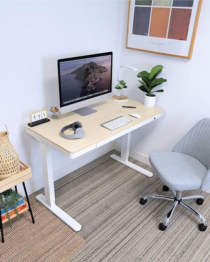 Mount-It! 47.2" Wide x 28.3" Deep Electric Height Adjustable Desk, Ergonomic Standing Workspace, Height Adjustment up to 46.5" Tall, Large Desktop, USB Ports, Drawer, Home Office, White, Maple Top - LeafyLoom