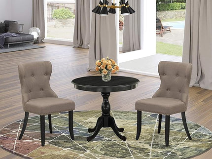 East West Furniture AMSI3-ABK-48 Antique 3 Piece Modern Set Contains a Round Kitchen Table with Pedestal and 2 Coffee Linen Fabric Parsons Dining Chairs, 36x36 Inch - LeafyLoom