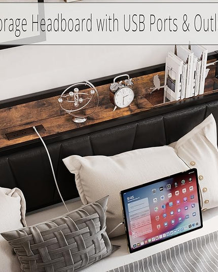 LIKIMIO Queen Bed Frame, Storage Headboard with Charging Station, Solid and Stable, Noise Free, No Box Spring Needed, Easy Assembly (Vintage and Black) - LeafyLoom