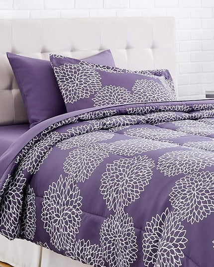 Amazon Basics Lightweight Microfiber Bed-in-a-Bag Comforter 5-Piece Bedding Set, Twin/Twin XL, Purple Floral - LeafyLoom