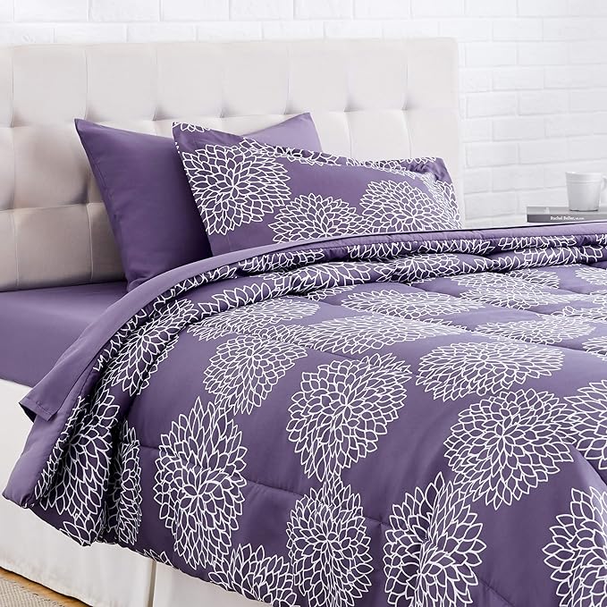 Amazon Basics Lightweight Microfiber Bed-in-a-Bag Comforter 5-Piece Bedding Set, Twin/Twin XL, Purple Floral - LeafyLoom