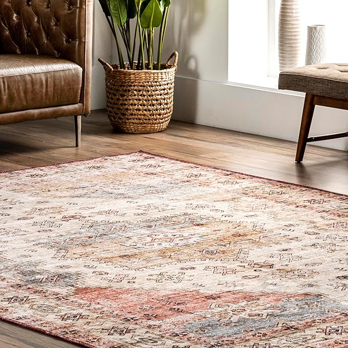 nuLOOM Emani Machine Washable Medallion Ultra Thin Area Rug, 4' x 6', Multi - LeafyLoom