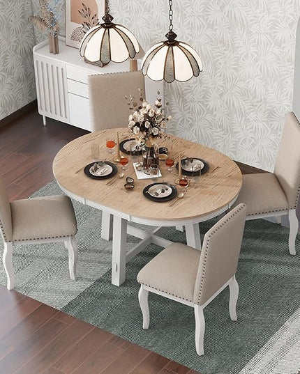 RITSU 5-Piece Farmhouse Round Retractable Table Set with 4 Upholstered Dining Chairs, Copper Ingot Trim, MDF and Rubber Wood for Living Room, Apartment, Antique White, 58inch - LeafyLoom