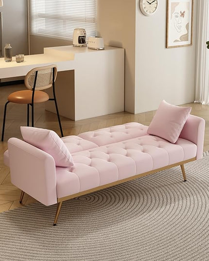 Velvet Upholstered Modern Convertible Futon Couch Folding Sofa Bed Recliner Lounge Loveseat Daybed Sofacama with Adjustable Backrest and Golden Legs for Small RV Living Room Office, Pink 68.3" - LeafyLoom