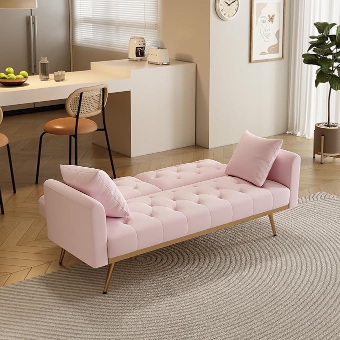 Velvet Upholstered Modern Convertible Futon Couch Folding Sofa Bed Recliner Lounge Loveseat Daybed Sofacama with Adjustable Backrest and Golden Legs for Small RV Living Room Office, Pink 68.3" - LeafyLoom