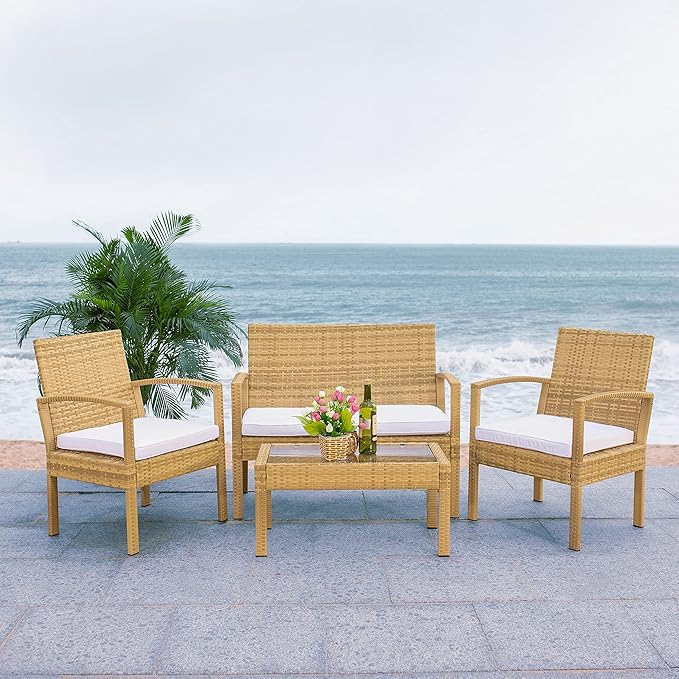 SAFAVIEH Outdoor Collection Bassey Natural/White Cushion 4-Piece Conversation Patio Set PAT7507D - LeafyLoom