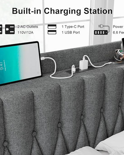 Feonase Full Bed Frame with Type-C & USB Port, Metal Platform Beds, with Linen Upholstered Headboard & Footboard, 12" Underbed Storage Space, Easy Assembly, Noise-Free, Dark Gray - LeafyLoom