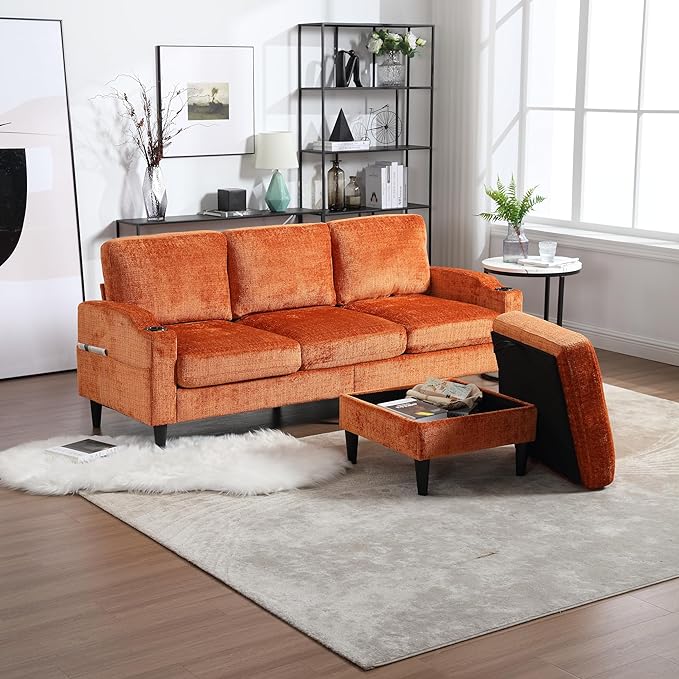 Convertible Sectional Sofa with Movable Storage Ottoman and Cupholders, 3 Seater L-Shaped Corner Couch,Chenille Upholstered Furniture w/Detachable Thicked Cushions for Living Room, Small Space - LeafyLoom
