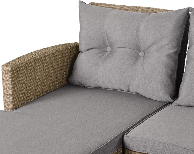 Outdoor Patio Furniture Sets, 4 Piece Rattan Conversation Sofa Wicker Sectional Couch with Chaise Lounge, Single Sofachair, Seat Cushions and Glass Table, for Garden Backyard Deck, Gray - LeafyLoom