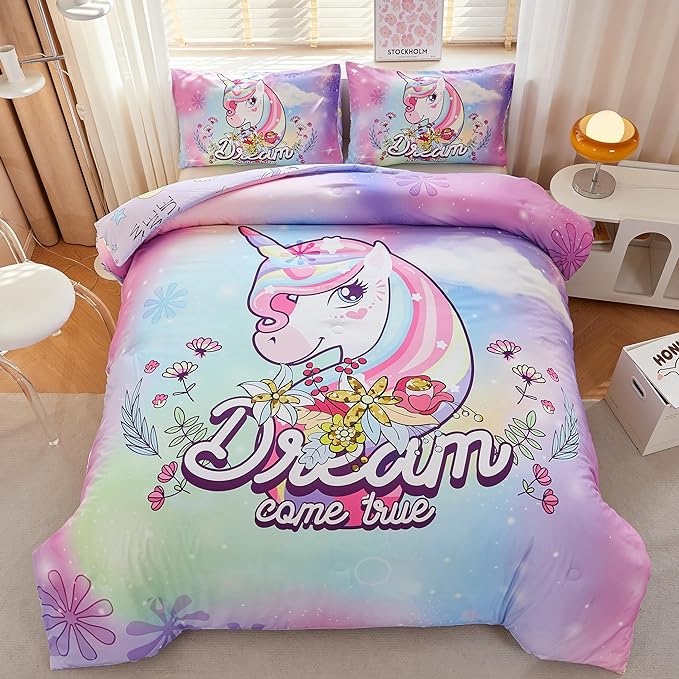 Unicorn Bedding Full,Teen Girl Comforter Set Full,Unicorn Comforter Set Full,Girls Room Decor with 2 Pillowcases,Full Size Comforter Set for Girls - LeafyLoom