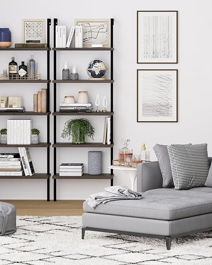 Nathan James Theo 5-Shelf Wood Modern Bookcase, Open Wall Mount Ladder Bookshelf with Industrial Metal Frame, Dark Brown Nutmeg/Black - LeafyLoom